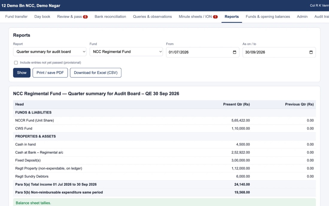 Unit Accounts screen: Audit-board report. Quarter summary for the audit board, checked to tally.