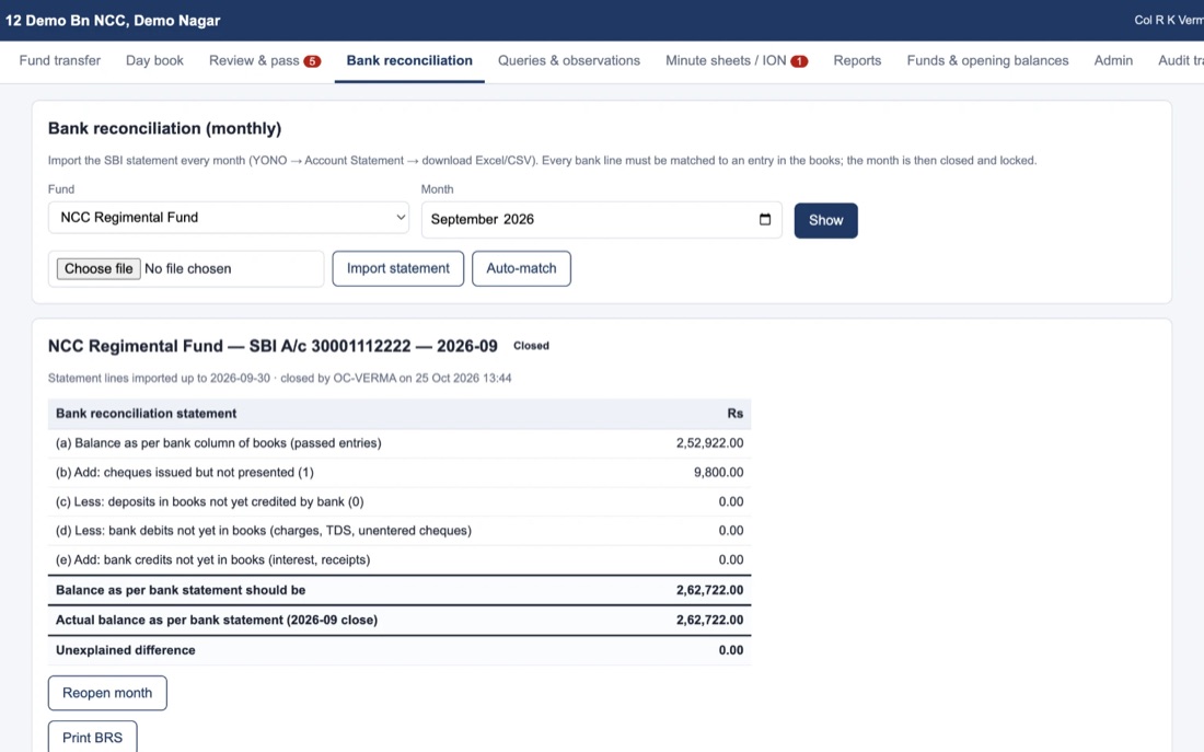 Unit Accounts screen: Bank reconciliation. Import the bank statement, match every line, close the month.