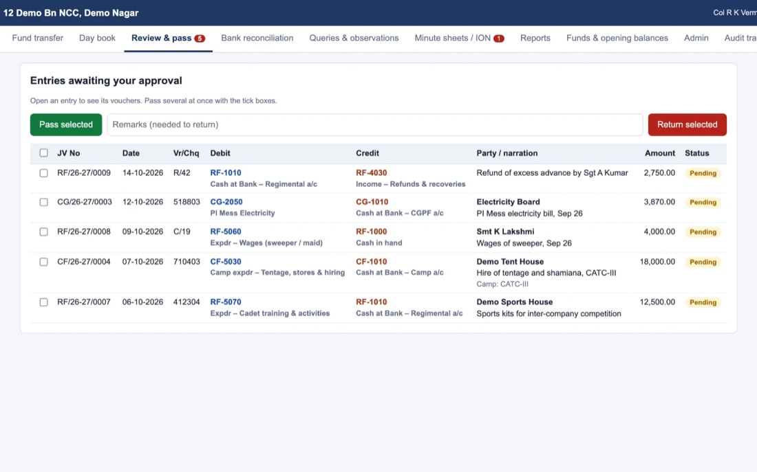 Unit Accounts screen: CO approval. The OC reviews and passes entries, several at once.