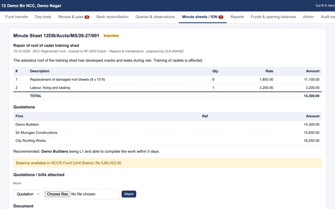 Unit Accounts screen: Minute sheet. Comparative quotations, L1 recommendation and fund balance, as PDF / Word.