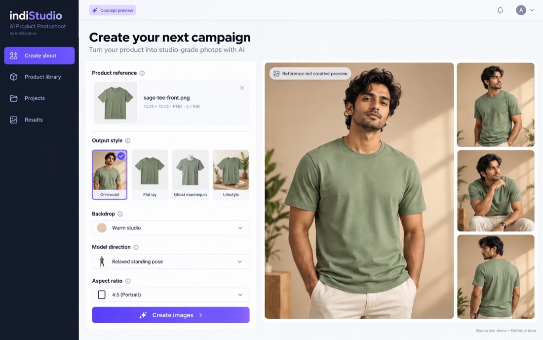 AI Product Photoshoot Studio screen: Create a shoot. Upload a product reference, then choose output style, backdrop, model direction and aspect ratio.
