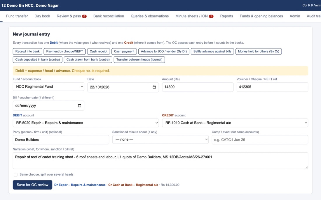 Unit Accounts screen: Voucher entry. Guided double-entry: pick the transaction type, the right heads follow.